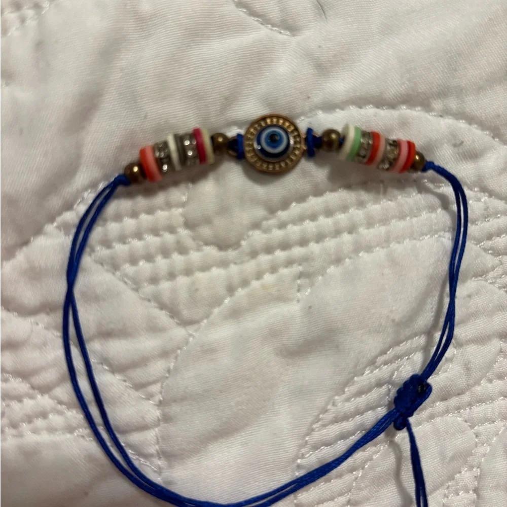 Handmade Blue Evil Eye Cord Bracelet with Multicolor Beads